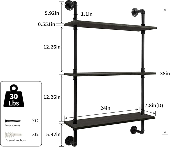 3-Tier Industrial Pipe Floating Shelf – Rustic 24 inch Wood Wall-Mounted Storage Shelf for Kitchen Office,Bathroom & Home Decor -Black