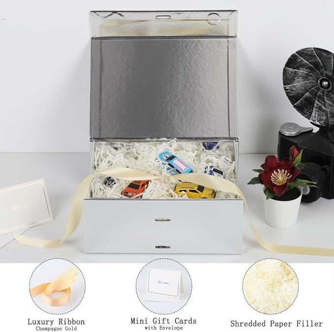 5 Pack 9.5X7X4 Inch Silver Magnetic Gift Box with Lid Small Gift Box with Shredded Paper Foldable Boxes with Ribbon for Presents、Anniversary Gifts、Bridesmaid Proposal 、Wedding party