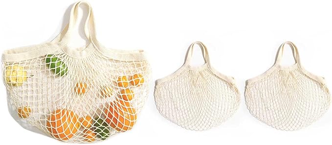 LZMS 3PCS Cotton Mesh Produce Bags,Reusable Grocery Veggie Net Tote,Washable Farmers Market Storage with Wide-Strap Carry Handles(Short Handle)