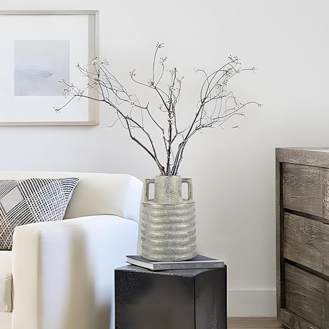 Hollyone Large Vintage Ceramic Vase with 2 Handles, 9.1" Tall Gold-Toned Antique Rustic Decorative Floral Grey Vases for Flowers Home Table Centerpiece Shelf Living Room Entryway Farmhouse Decor