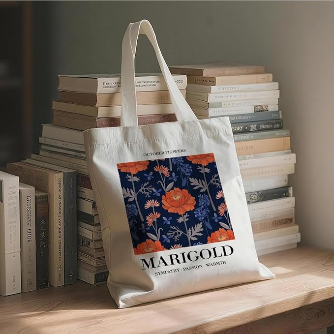 Flower Canvas Tote Bag, October Marigold Reusable Shoulder Bags, Christmas Gifts to Sister and Friends, Holiday Gift Bags for Wrap Storage, Casual Canvas Totes for Work Traveling