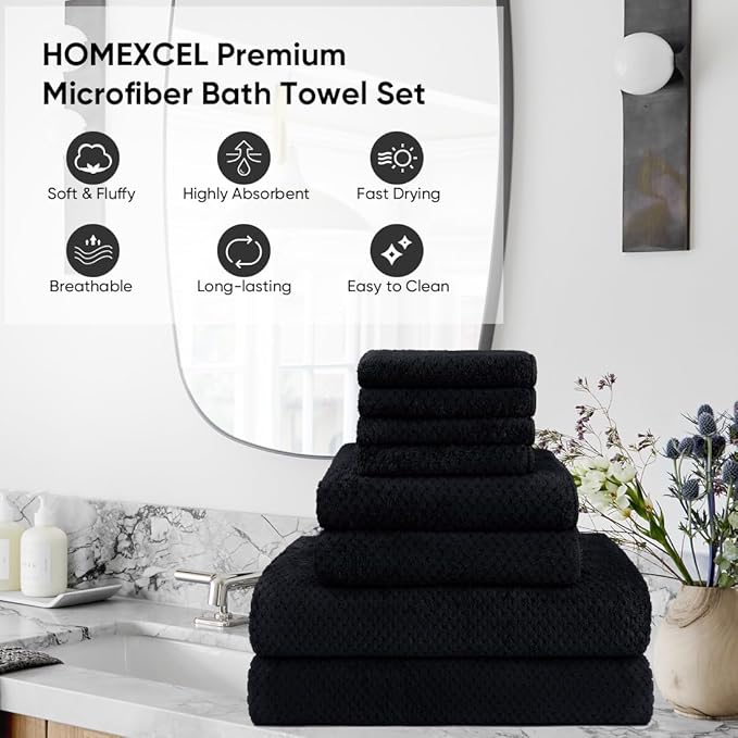 HOMEXCEL 8 Piece Bath Towel Set, Microfiber Bathroom Towel - 2 Bath Towels, 2 Hand Towels, and 4 Wash Cloths, Super Soft, Highly Absorbent Towels for Bathroom, Gym, Hotel, and Spa (Black)