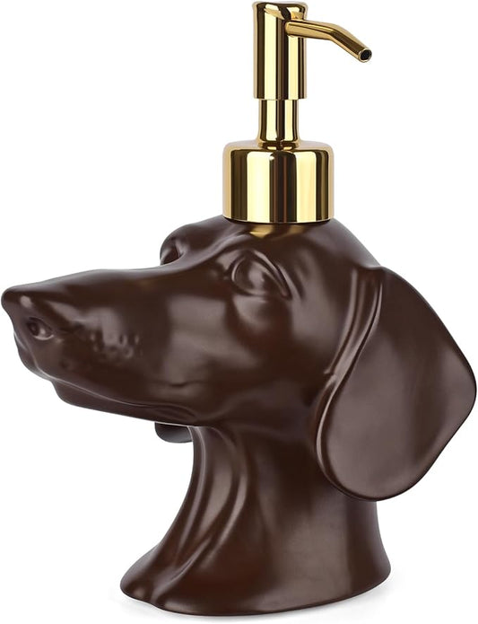 Dachshund Dog Shaped Soap/Lotion/Hand Sanitizer Weiner Ceramic Stainless Steel Pump Dispenser Gift for Dog Lover, Refillable for Kitchen and Bathroom(Brown)