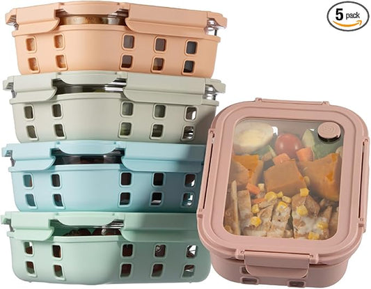 4.4 Cup Glass Food Storage Containers 5-Pack, Airtight Meal Prep Containers with Tempered Glass Lids & Non-Slip Sleeve, Leakproof, BPA-Free, Stackable, for Microwave, Dishwasher, Freezer