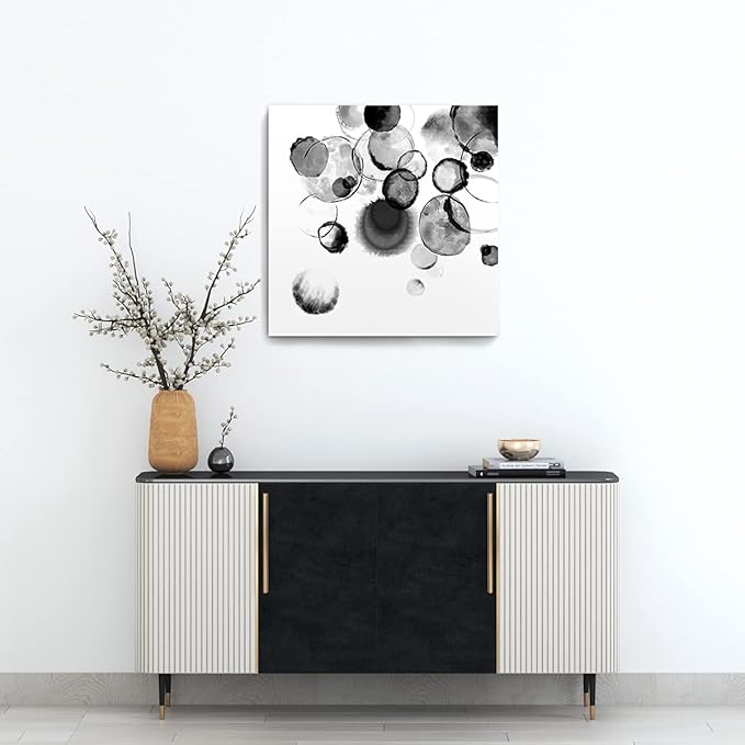 Bedroom Decor Wall Art Black and White Bubbles Prints Pictures Framed Canvas Artwork Wall Art for Bathroom Kitchen Office Modern Ink and Wash Painting Decorations Size 20x20 inches Ready to Hang