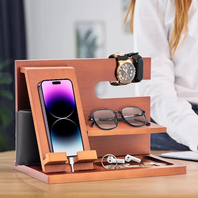 Wood Phone Docking Station - Gifts for Men Desk or Nightstand Organizer - Birthday Gifts for Husband, Fathers Day for Dad - Anniversary Idea from Wife - Key Holder, Stand Wallet, Watch & Essentials