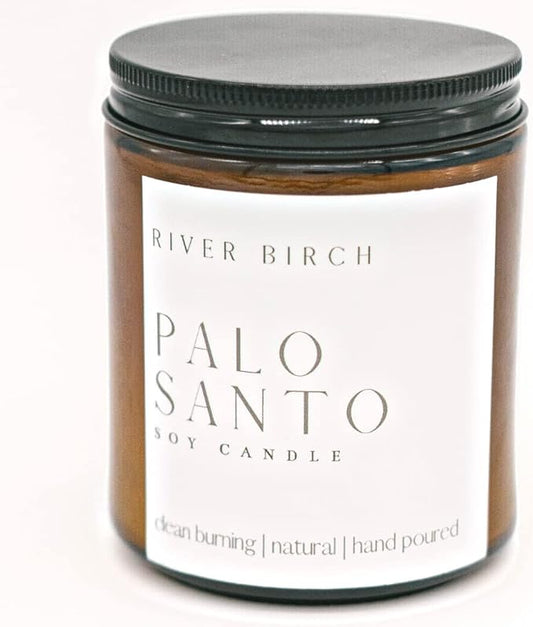 River Birch Candles Palo Santo Scented Candle | Premium, All-Natural, Non-Toxic, Soy Amber Jar Candles | 8.5oz 40 Hr Burn Time | Cozy Relaxing Gifts for Home