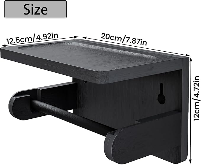 Drill-Free Toilet Paper Holder with Phone Shelf Bamboo Wall-Mounted, No-Drill & Drillable, Bathroom Storage Organizer, Space Saver Tissue Roll Rack for Bathroom, Kitchen, Home Decor (Black)