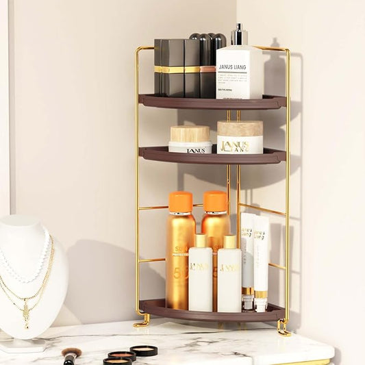 3-Tier Corner Bathroom Organizer Countertop for Storage，Counter Tray and Vanity Organizer，Plastic Counter Organizer for Kitchen, Bathroom, Dresser 10.6 inches (Gold Brown)