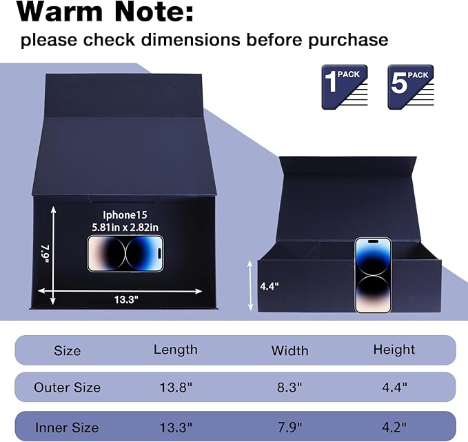 Navy Blue Gift Box with Magnetic Lids 13.8x8.3x4.4 in, Bridesmaid Groomsman Proposal Box, Large Rectangle Storage Box 1 Pack