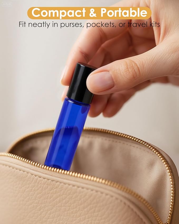 4 Pack Essential Oil Roller Bottles, 10ml Refillable Blue Glass Roller Bottles with Stainless Steel Roller Balls and Caps for Travel, Perfume and Lip Gloss