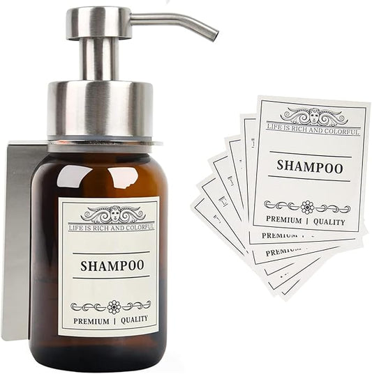 Hand Soap Dispenser,8.5 Oz Wall Mounted Shampoo and Conditioner Dispenser and Stainless Steel Bracket for with Waterproof Labels and Leakproof Pump(Silver Mount)