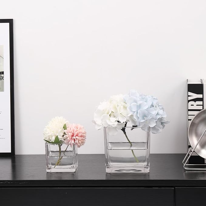 Square Vases Set of 6, 3"x 3"x 3" Glass Vases for Flowers, Square Flower Vase for Centerpieces, Small Clear Vase for Wedding, Party, Home Office Decoration