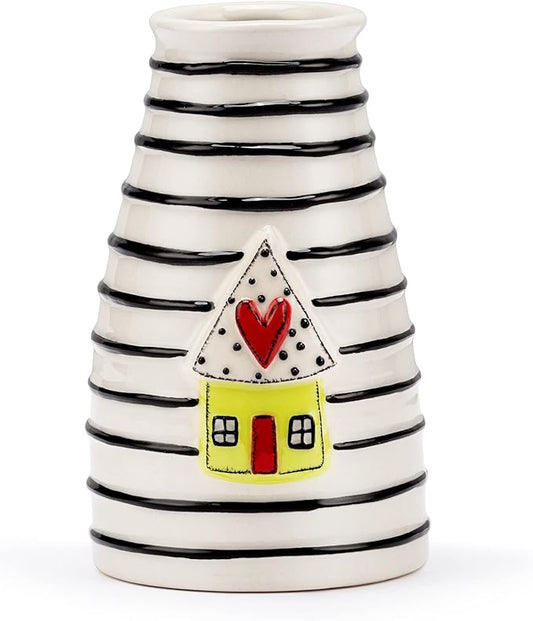 DEMDACO Black Stripe Yellow House with Heart 3 x 5 Stoneware Mini Decorative Vase