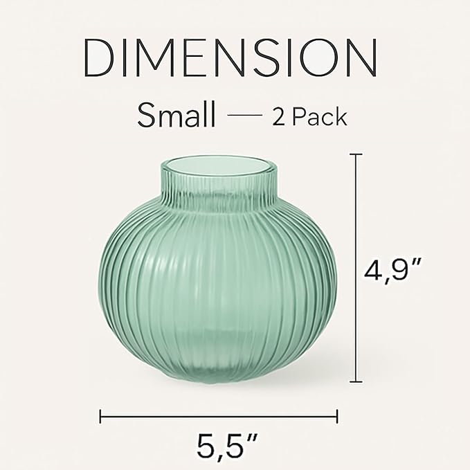 Round Glass Vases, Set of 2 Small Vases for Flowers, Green Glass Vase for Tulips, Modern Vase for Living Room, Office, Coffee Table, Shelf, Wedding, 5 Inches