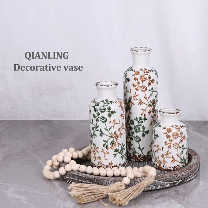 Ceramic Vase Set - 3 Ceramic Small Vases, Farmhouse Country Flower Vase Home Decor, Living Room Decoration, Table Decoration, Fireplace Decor, and Entrance Decorations Centerpiece