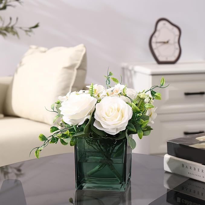 Square Green Glass Vases Set of 2, 6" x 6" x 6" Square Vase for Centerpieces, Flower Vases for CenterpieSquare Vaseces, Small Vase for Wedding, Party, Home Office Decoration