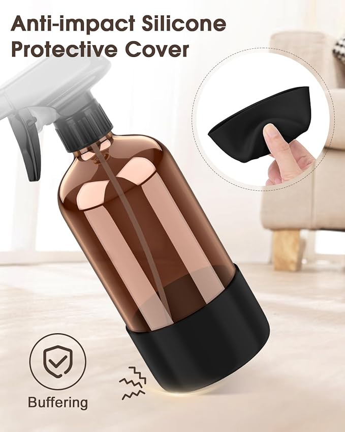Glass Spray Bottle with Silicone Sleeve Protection, Amber Glass Spray Bottle Set for Window Cleaner Aromatherapy Facial Hydration Watering Flowers Hair Care 2 Pack/16 oz (Black)