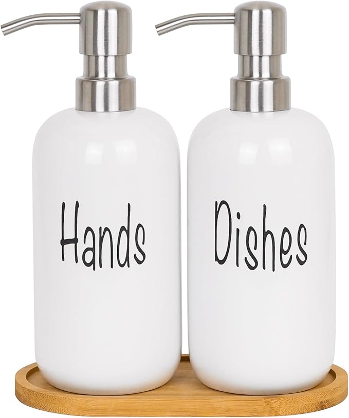 18oz Ceramic Soap Dispenser Set (2 Pack) with Stainless Steel Pump & Bamboo Tray, Bathroom & Kitchen