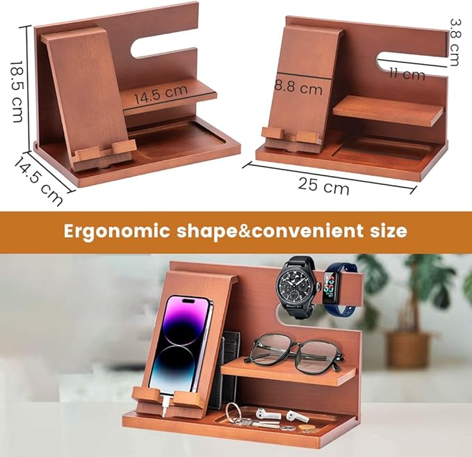 Wood Phone Docking Station - Gifts for Men Desk or Nightstand Organizer - Birthday Gifts for Husband, Fathers Day for Dad - Anniversary Idea from Wife - Key Holder, Stand Wallet, Watch & Essentials