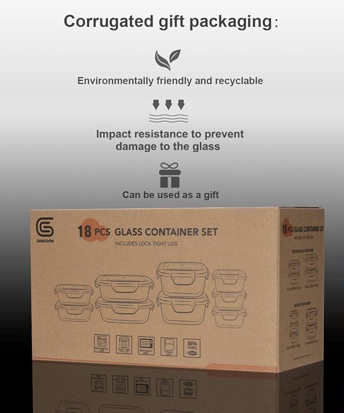 18 Piece Glass Food Storage Containers with Lids, Glass Meal Prep Containers, food storage Containers for Food Storage with Lids, BPA Free & Leak Proof (9 lids & 9 Containers)