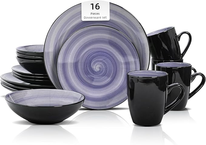 Sonoma Stoneware 16pc Dinnerware Set, Outside Black + Inside Hand Painting Color Cobalt