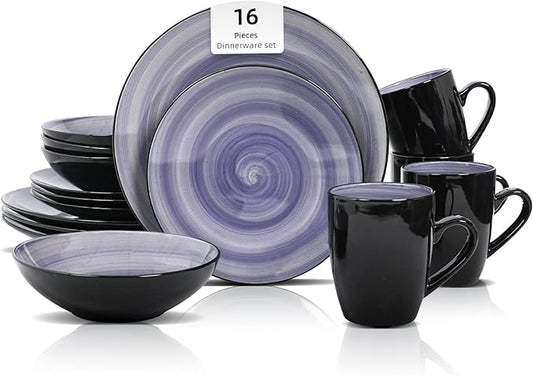 Sonoma Stoneware 16pc Dinnerware Set, Outside Black + Inside Hand Painting Color Cobalt
