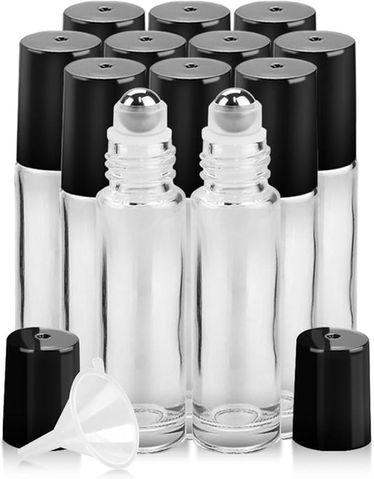 12 Pack Essential Oil Roller Bottles, 10ml Refillable Clear Glass Roller Bottles with Stainless Steel Roller Balls and Caps for Travel, Perfume and Lip Gloss