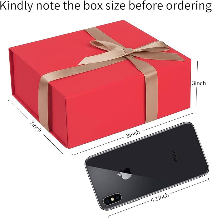 LIFELUM Christmas Gift Box 8 x 7 x 3 inch Red Gift Boxes for Presents with Ribbon Valentine's Bridesmaid Boxes Contains Card, Ribbon, Shredded Paper Filler for Packing