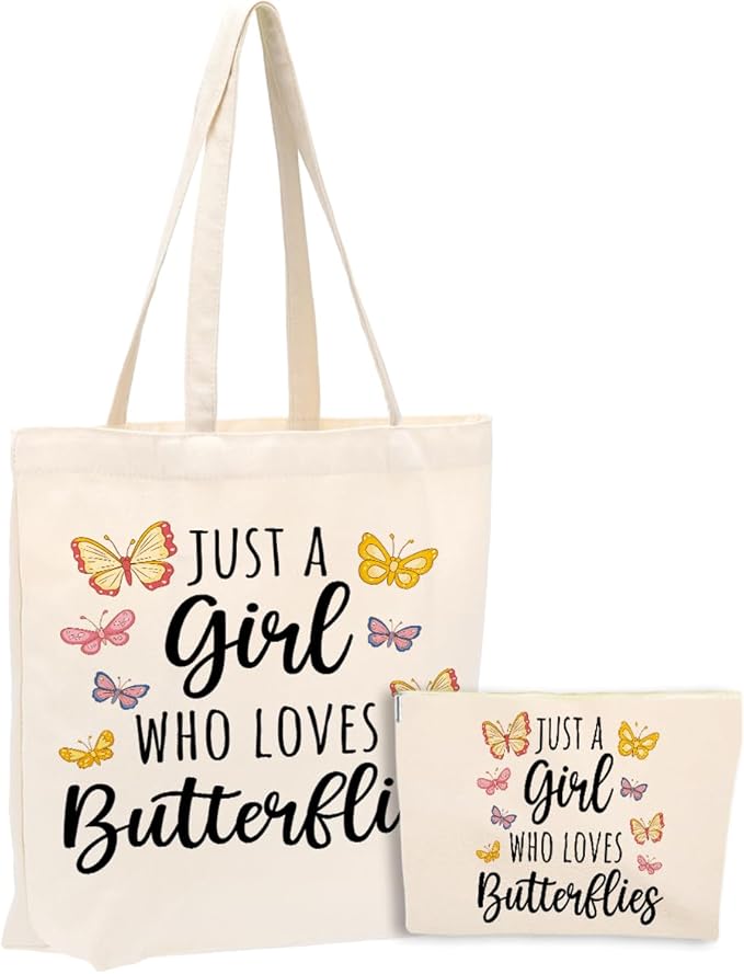 A Girl Loves Butterflies, Butterfly Decor Stuff Accessories, Butterfly Gifts for Women, Cute Canvas Tote Bag Makeup Bag for Women Friend Birthday Weekender Wedding Beach Shopping Mothers Day Christmas