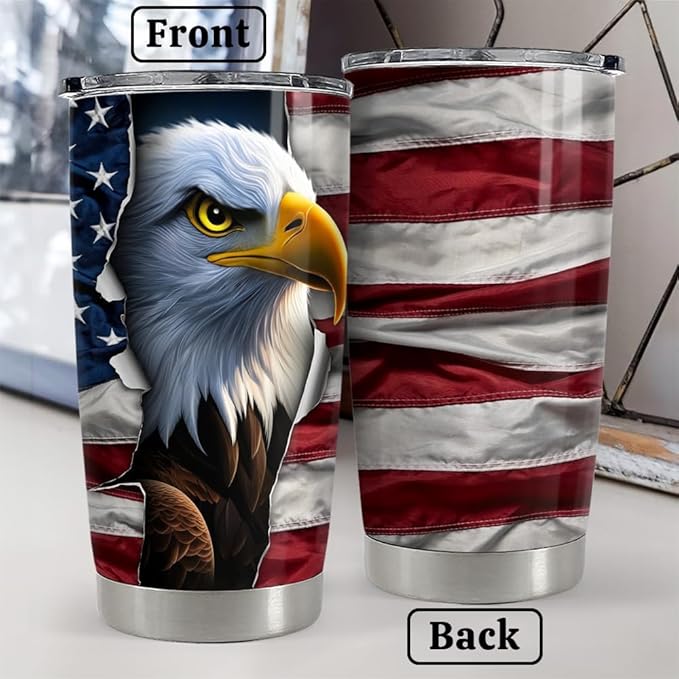 SANDJEST Eagle Tumbler 20oz Stainless Steel Insulated Coffee Travel Mug Cup American Flag Eagle Gifts for Men, Veterans on Birthday Christmas