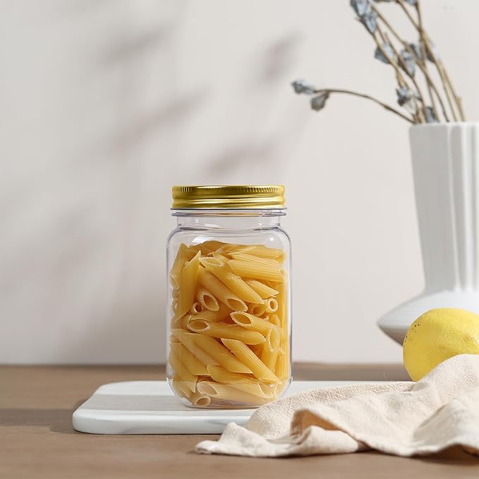 novelinks 16 oz Clear Plastic Jars with Screw-On Lids - BPA-Free Refillable Storage Containers for Slime, Food, Crafts, Kitchen & Household Use (24 Pack,Gold)