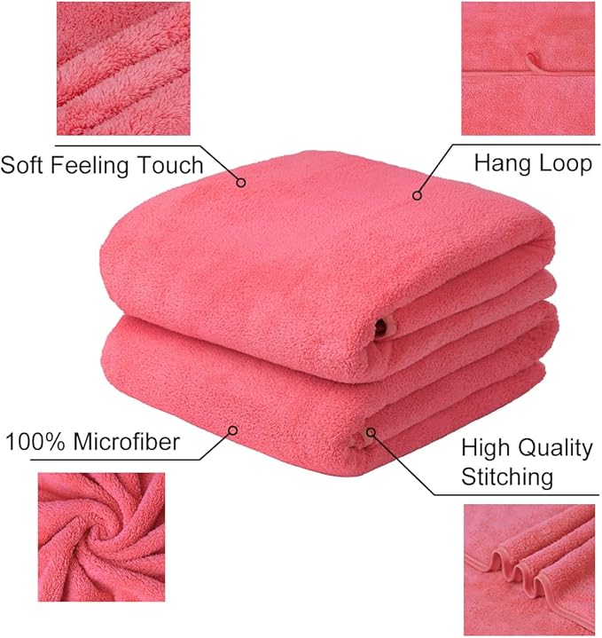 JML Microfiber Bath Towels, 2 Pack, 30"x60"- 350GSM High Density Fleece Towel Set for Luxury Hotel & SPA, Shower, Pool, Yoga, Suana - Large, Super Soft, Absorbent, Lint-Free, Coral Pink