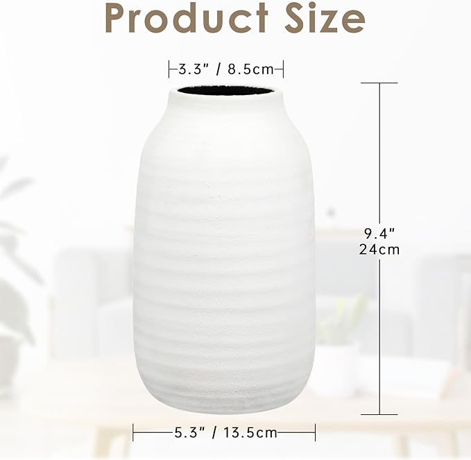 Briful White Ceramic Vase for Pampas Grass – 9.4” Tall Ribbed Modern Vase, Minimalist Farmhouse Table Centerpiece, Boho Home Decor for Dried Flowers, Shelf, Mantel & Entryway Styling