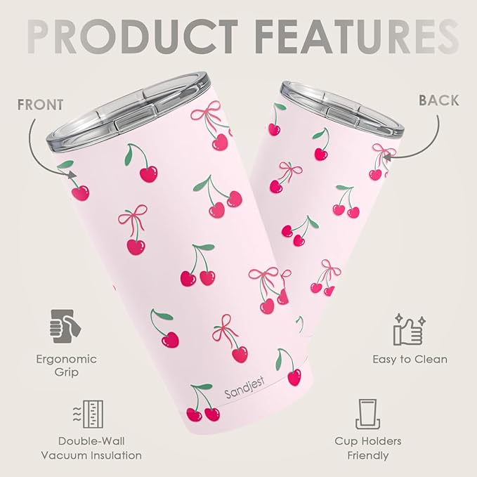 SANDJEST Cherry Tumbler 20oz, Stainless Steel Travel Cup with Lid, Insulated Coffee Mug, Cherry Gifts for Women Girls Friends Sisters on Birthday Christmas