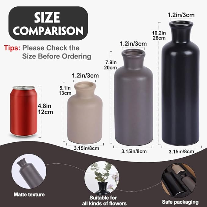 Ceramic Vase Set of 3 - Modern Neutral Vases for Home Decor Rustic Farmhouse Decor Pampas Vase for Table Mantel Entryway Shelf Living Room Kitchen Bathroom