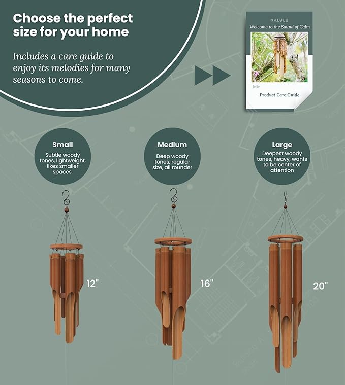 Classic Bamboo Wind Chimes - Outside Outdoor Wood Wooden Windchimes, Small, Handcrafted with Calming Deep Tones, Ideal Home Decor or Gift for Any Occasion