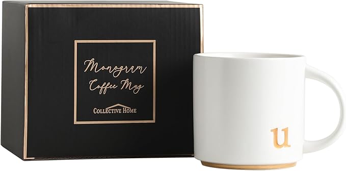 COLLECTIVE HOME - Monogram Ceramic Mugs, 15 oz Golden Initial Coffee Cups, Elegant Alphabet Tea Mugs, Elegant Personalized Mug with Gift Box, Luxurious Cups for Office and Home (u)