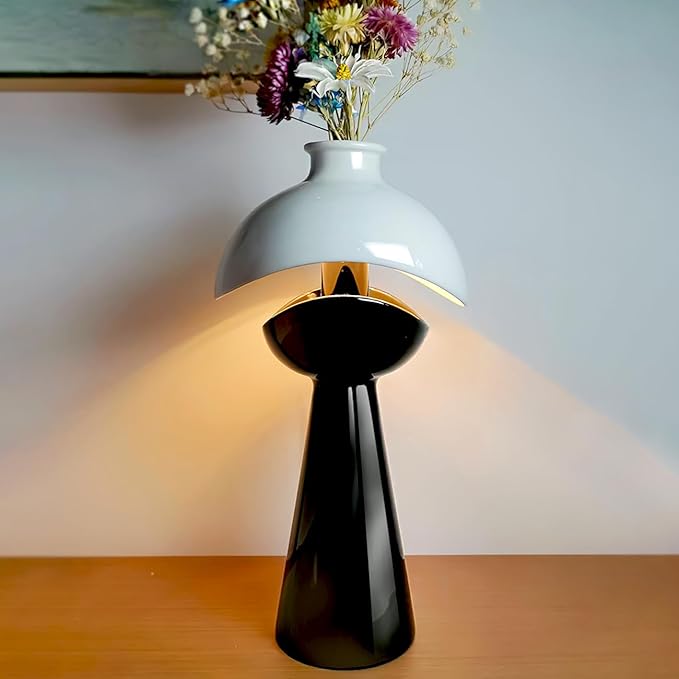 Modern Black and White Glossy Ceramic vase with Built-in LED Light, Perfect for Living Room, Bedroom, Foyer, or Office décor. Ideal Flower vase, Night lamp, and Elegant Wedding or Housewarming Gift.