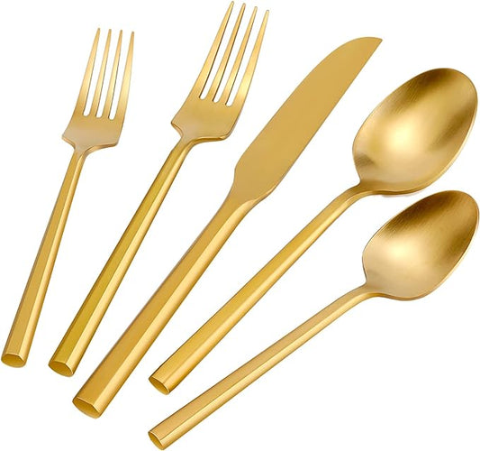 DEACORY Silverware Set Flatware Set Matte Gold Cutlery Set Brushed Brass Heavy Hexagon Handle Stainless Steel 40 Pieces Dishwasher Safe Service for 8