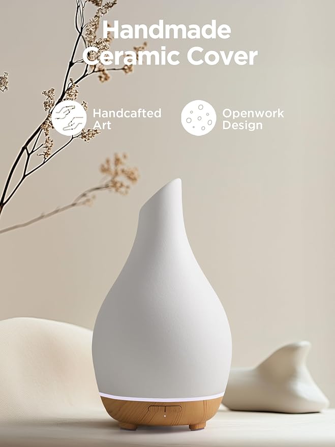 InnoGear Essential Oil Diffuser, 150ml Ceramic Diffuser Handcrafted Stone Aromatherapy Diffusers Ultrasonic Cool Mist Humidifier Vaporizer 2 Mist Modes Waterless for Home, White Vase-Shaped Ceramic