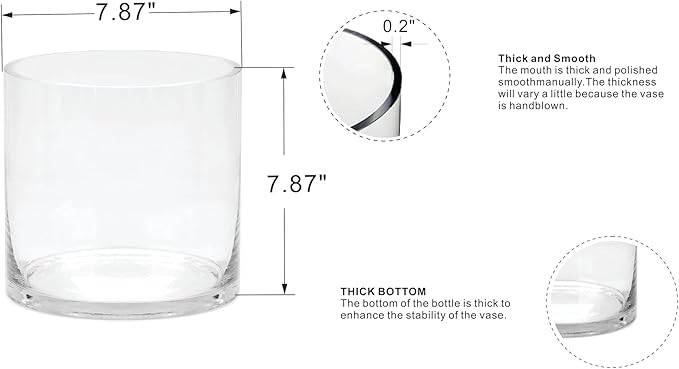 8" Wide 8" Tall Large Hand Blown Sturdy Clear Cylinder Glass Vase, Centerpiece Flower Vase for Rose, Tulip, Boquets, Hurricane Candle Holder (1, 8"x8")