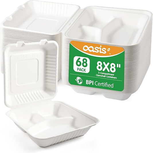 𝟴𝘅𝟴", 𝟲𝟴-𝗣𝗮𝗰𝗸 3-Compartment Clamshell Takeout Containers, 100% Compostable Heavy-Duty Disposable Paper Lunch Boxes(White)