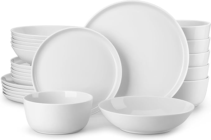 MALACASA 24 Pieces Gourmet Porcelain Dinnerware Sets, Premium Plates and Bowls Set, High-Fired Ceramic Dishes Set for 6, Chip & Scratch Resistant, Microwave Dishwasher Safe, White, Series LEXI