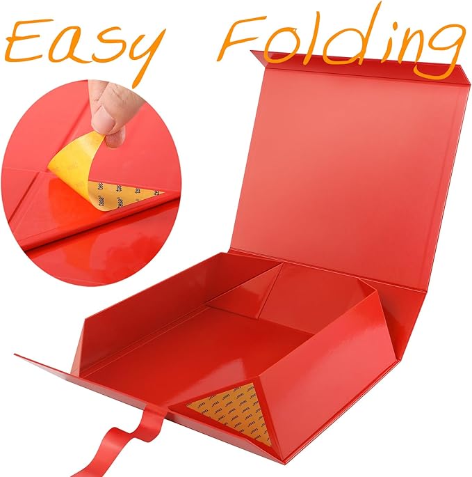 GREEN BEAN Extra Large Gift Box with Lid for Present 16.3x14.2x5 Inches, Red Magnetic Gift Box with Ribbon, Shirt Gift Boxes for Clothes (Glossy Red)