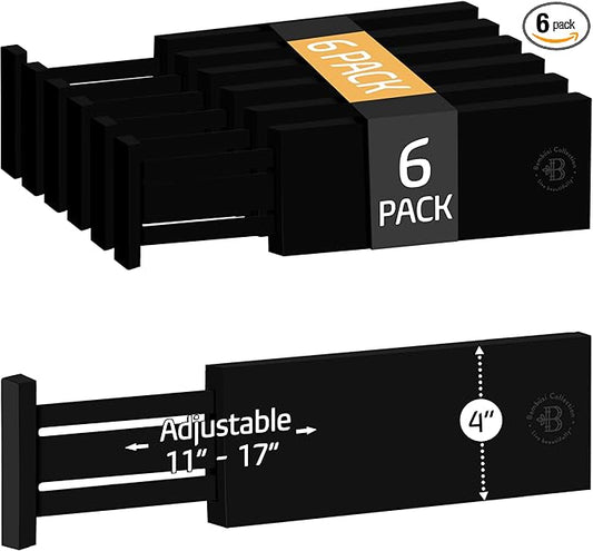 6 Pack Drawer Dividers 4 Inch High, 11”-17" Adjustable Bamboo Organizers Large Expandable Drawer Separators for Cloths, Dresser, Bedroom, Bathroom, Baby Drawer, Office & Kitchen Utensils (Black)