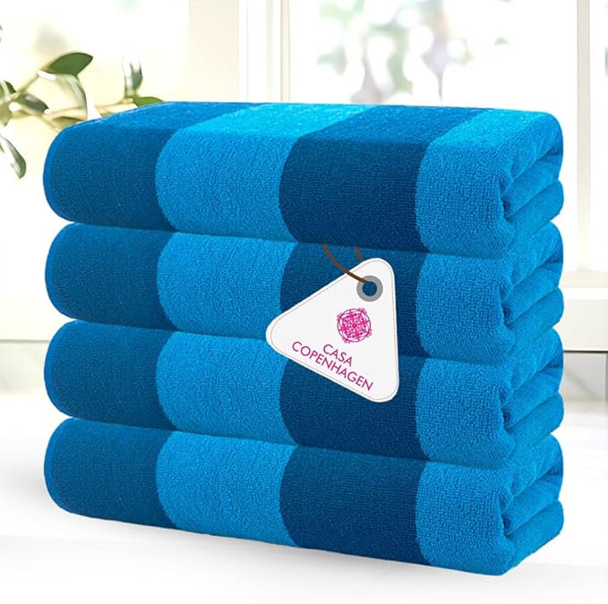 CASA COPENHAGEN Malibu Beach Towels Designed in Denmark Rough and Tough, Quick Dry, for Pool, Bath & Shower 30x60 inches 4 Pieces Cotton Beach Bath Towels Set - Blue