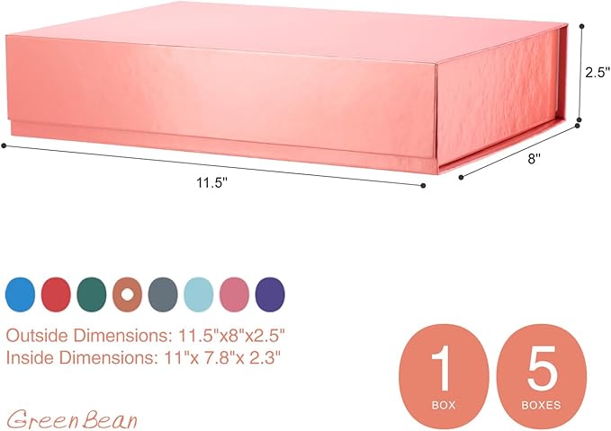 GREEN BEAN Gift Box 11x7.8x2.3 Inches, Rose Gold Gift Box with Lid for Presents, Magnetic Shirt Gift Boxes for Clothes (Glossy Metallic Rose Gold, Polka Dot Design Inside)