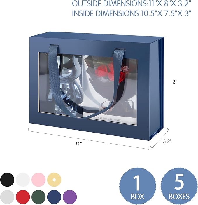 JINGUAN 5 Navy Blue Gift Boxes with Windows, Clear Magnetic Gift Boxes for Presents, Groomsman Proposal Boxes (11x8x3.2 Inches)