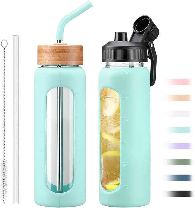 24oz Glass Water Bottle with Straw and 2 Lids-Bamboo and Spout Lid, Borosilicate Glass Water Bottle with Silicone Sleeve and Time Marker,BPA Free & Cupholder Friendly,Mint Green
